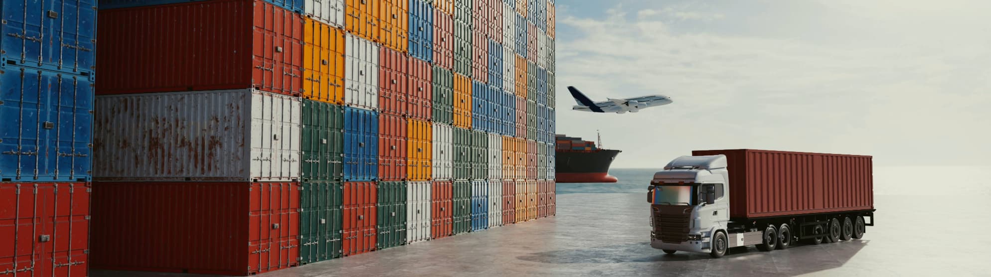 A truck with a container in front of stacked cargo containers, with a freight ship and an airplane in the background, illustrating global logistics and the importance of volumetric weight.