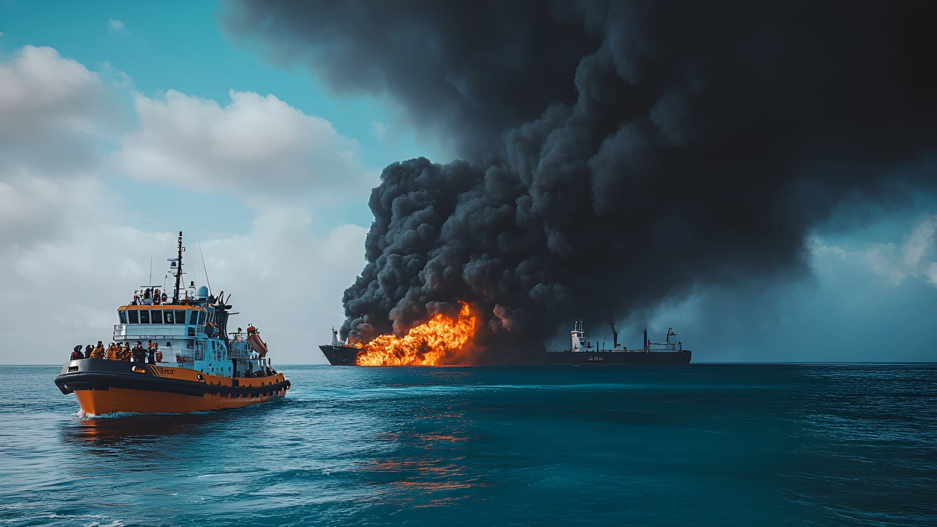 Maritime transport accident: Burning ship at sea, observed by a rescue boat with people.