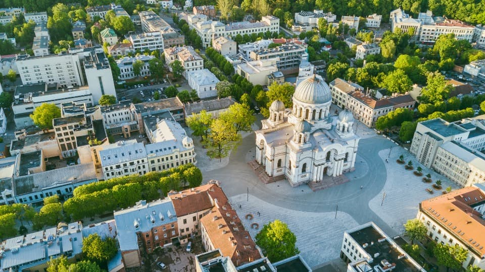 Aerial view of Kaunas, Lithuania: Along with Vilnius, the city is considered an important and cost-effective hub for tech, engineering, and manufacturing.