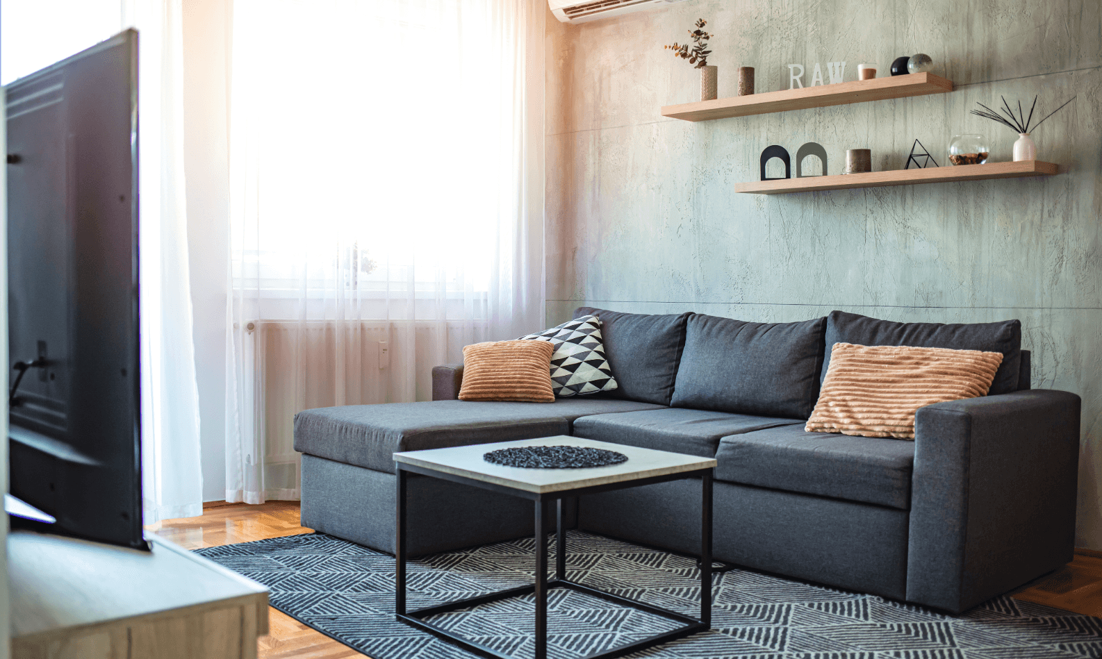 Modern living room with grey sofa – minimalist urban living trend in major cities