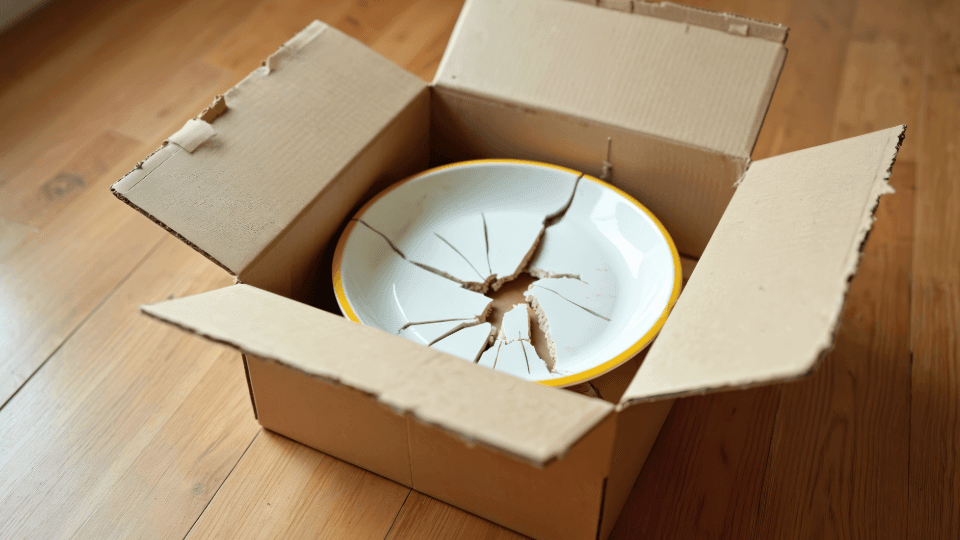 Broken plate in an open box, illustrating transit damage without transit insurance.