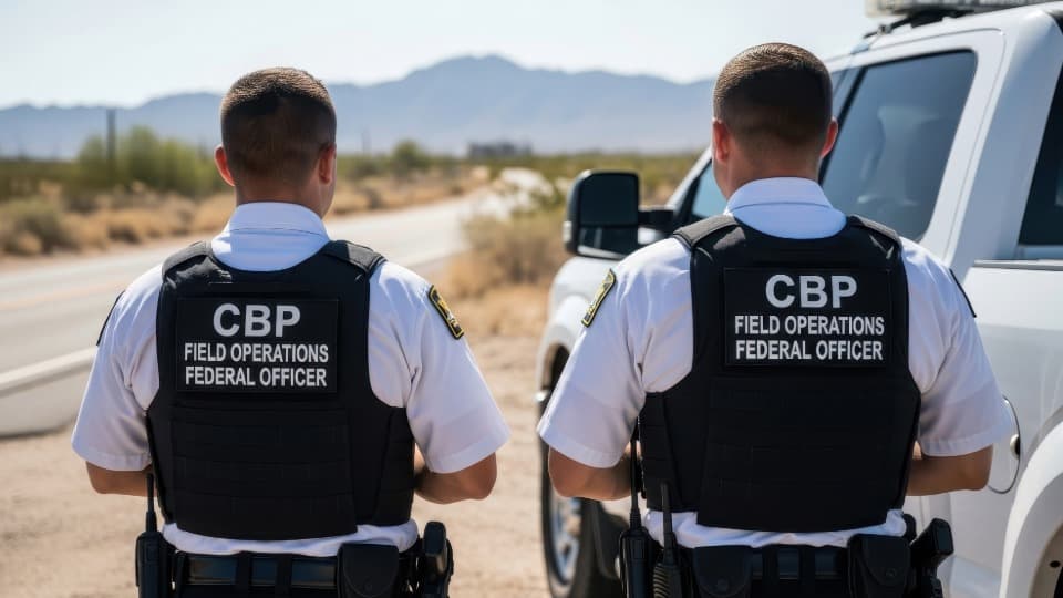 Zwei US-Zollbeamte der CBP bei einer Kontrolle in der Wüste – Symbol für Zollformalitäten beim USA-Umzug.