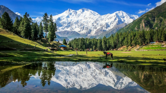 Landscape with a lake, forest, and mountains in the background in Pakistan