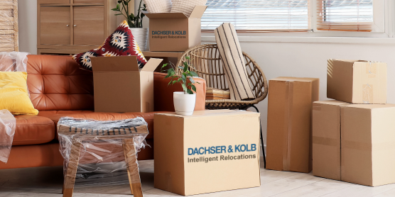 Living room with packed furniture and boxes – symbolic image for professional new furniture logistics