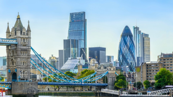 The London skyline with Tower Bridge – an economic hub for financial services and tech industries in the UK.