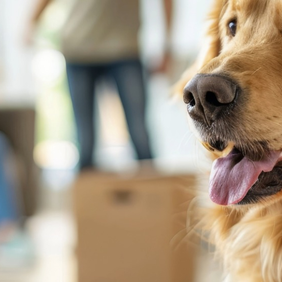 Golden retriever in an apartment with moving boxes – moving with pets to China