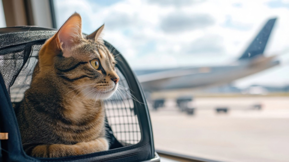 Cat in a travel carrier at the airport in front of an airplane – symbolizing safe pet relocation to India.
