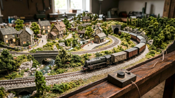 Eine große, detailliert bebaute Modelleisenbahn-Anlagenplatte auf einem Holzunterbau vor der Transportprüfung für den Umzug mit DACHSER & KOLB.