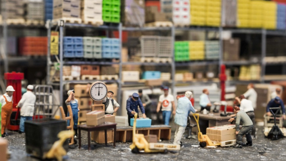 Miniatur-Figuren auf einer Modelleisenbahnanlage beim Verpacken und Wiegen von Frachtgut als Symbol für die Umzugsplanung durch DACHSER & KOLB.