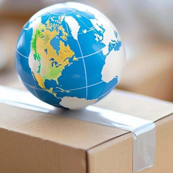 Relocation service for expats by DACHSER & KOLB – A small globe stands on a sealed moving box for an international overseas move.
