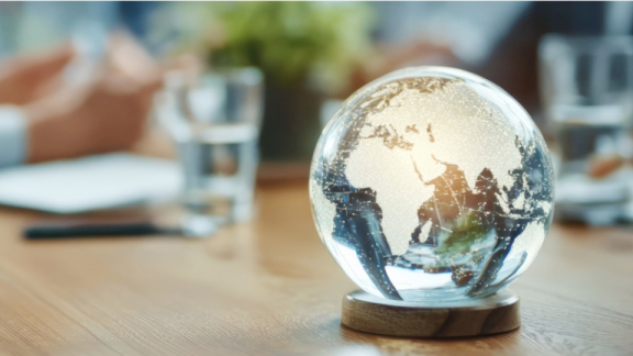 An illuminated glass globe on a conference table symbolizes DACHSER & KOLB’s global network for worldwide home search and relocation of expats.