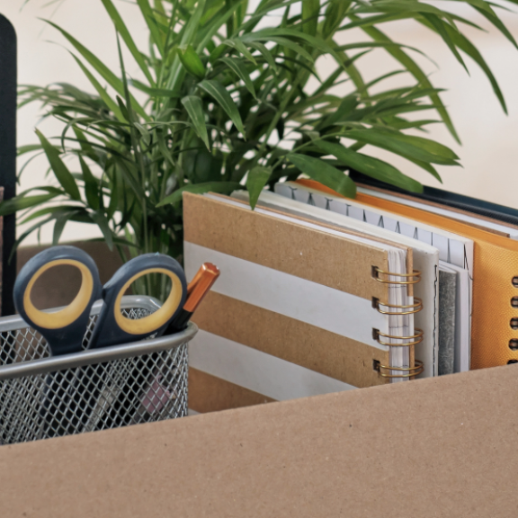 Moving box with office supplies and a plant – symbolic image for a workplace relocation