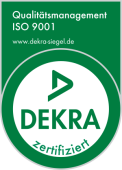The DEKRA ISO 9001 quality management seal as proof of audited and certified project management in DACHSER & KOLB’s B2B operations.