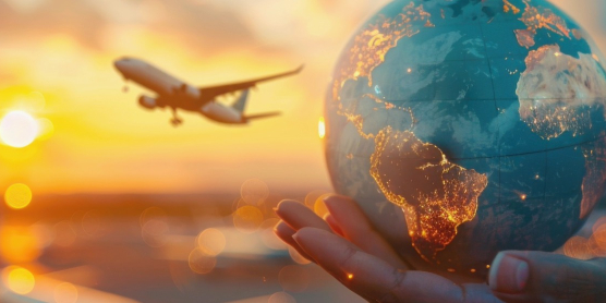 Airplane and glowing globe at sunset – symbolic image for the most popular emigration destinations