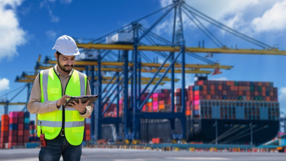 A logistics specialist checks customs documents on a tablet at the port for a container relocation to Thailand with DACHSER & KOLB.