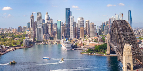 Panorama of the Sydney skyline with the Opera House and Harbour Bridge for an overseas relocation to Australia with DACHSER & KOLB.