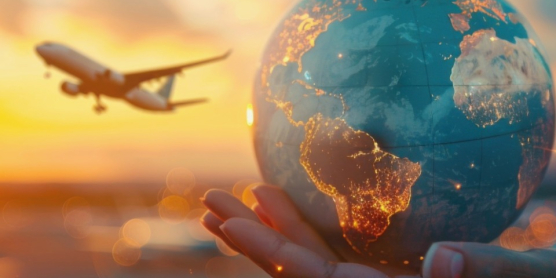Airplane and glowing globe at sunset – symbolic image for the most popular emigration destinations