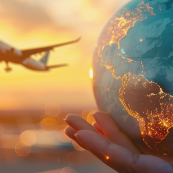 Airplane and glowing globe at sunset – symbolic image for the most popular emigration destinations