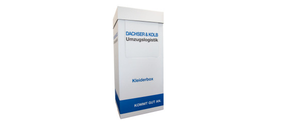 Weiße Kleiderkiste von DACHSER & KOLB für den Umzug – ideal zum Transport hängender Kleidung.