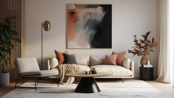 Stilvolles Wohnzimmer mit modernem Design und Kunst – Wohntrends in Großstädten barrierefrei umgesetzt