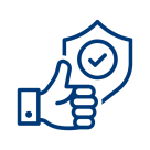 Icon of a thumbs up hand with shield and check mark symbolizing reliability