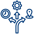 Icon with arrows, clock, gear, and location pin symbolizing flexibility