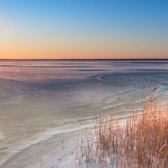 Winterliche Küstenlandschaft in Dänemark bei Sonnenuntergang