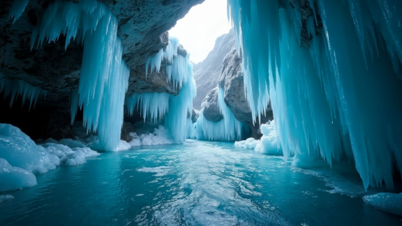 Ice cave in Iceland with blue water, rocks and long icicles