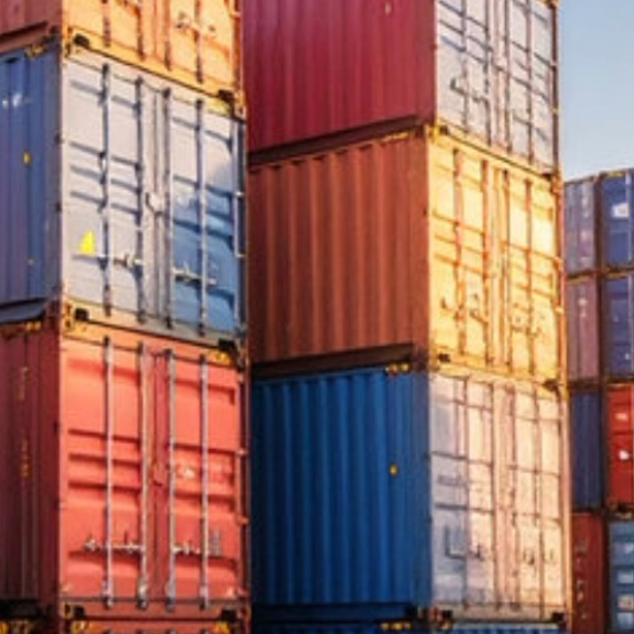 Gestapelte Frachtcontainer im Hafen bei Sonnenuntergang mit Containerbrücken im Hintergrund