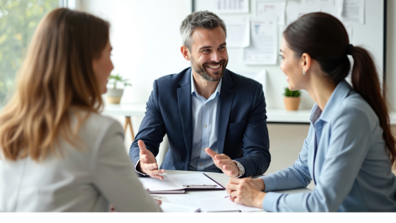 Drei Geschäftspartner sitzen am Tisch und besprechen Vertragsdetails, Fokus auf Incoterms-Verhandlungen.