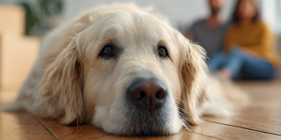Dog lying among moving boxes – symbolizing a stress-free move with pets.