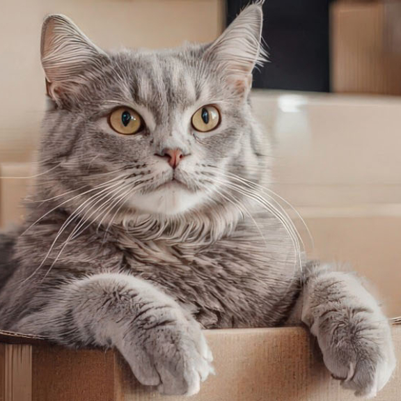 Graue Katze sitzt in Umzugskarton von DACHSER & KOLB – sicherer Umzug mit Tieren in der Schweiz.
