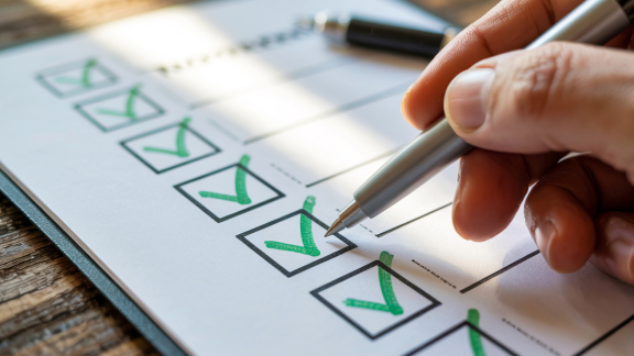 Hand setzt Häkchen auf einer Checkliste. Symbolisiert die Erfüllung von Anforderungen.