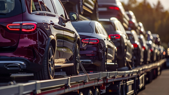 Autotransporter mit mehreren Neuwagen auf zweistöckigem Anhänger bei Sonnenuntergang auf der Straße