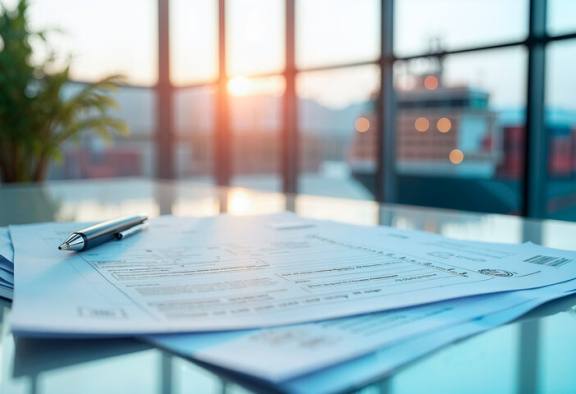 Formulare und Stift auf Schreibtisch vor Fenster mit Blick auf Containerschiff im Hafen