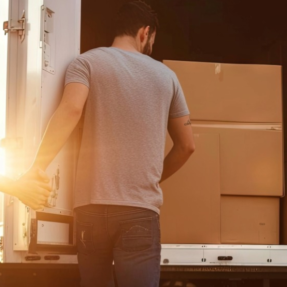 Paar lädt Umzugskartons in einen Möbelwagen