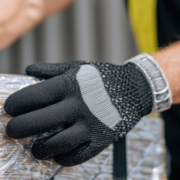 Mitarbeiter sichert mit Umzugsgurt eine in Folie verpackte Ladung für den sicheren Transport.