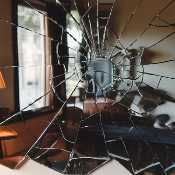 Zerbrochener Wandspiegel im Wohnzimmer neben Tischlampe als Beispiel für Transportschaden