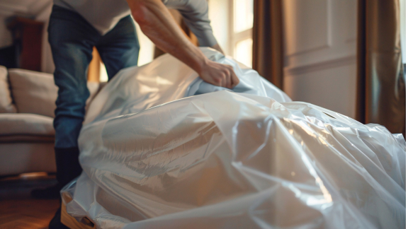 Spezialverpackungen im Umzug: Mitarbeiter belädt LKW mit geschützten Möbeln und Kartons