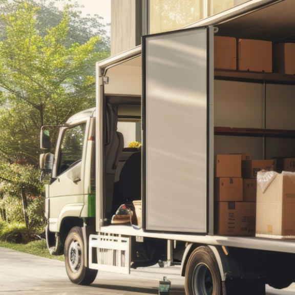 Umzugs-Lkw mit Kartons vor einem Haus – Abtrageweg vom Gebäude zum Fahrzeug