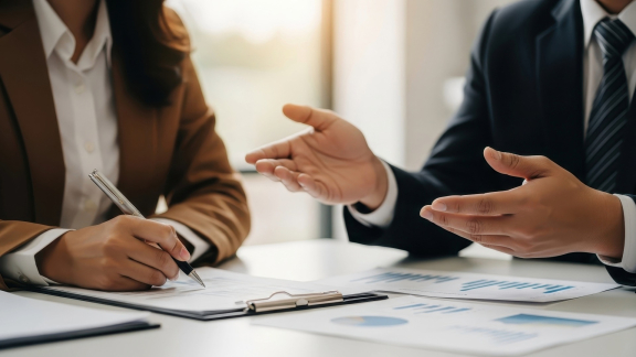 Beratungsgespräch: zwei Personen besprechen Umzugsplanung und Abtrageweg anhand von Dokumenten am Tisch.