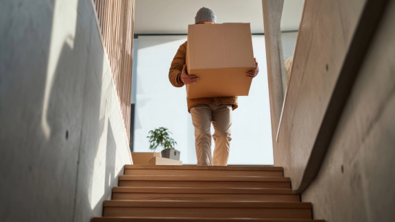 Person trägt Umzugskarton die Treppe hinauf – Stockwerke beim Umzug im Treppenhaus