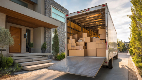 Umzugs-Lkw beladen vor Haus – Origin Service am Startort