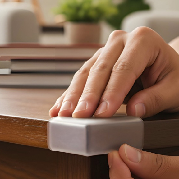 Person bringt Kantenschutz-Eckschutz an einer Tischkante an, um Kanten und Möbel vor Stößen zu schützen