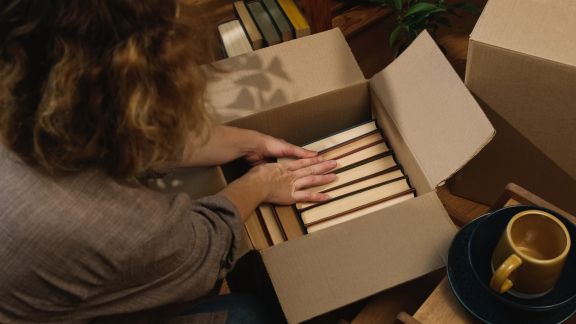 Person packt Bücher in einen Bücherkarton – sicherer Transport und geordneter Umzug
