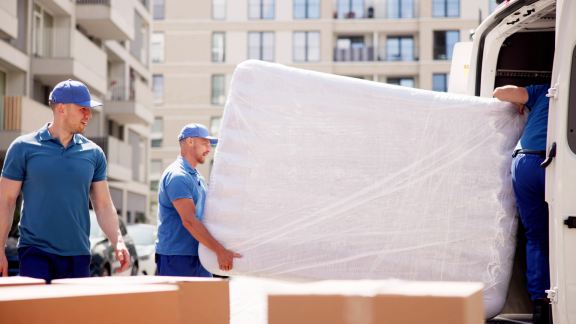 Moving München Stuttgart: Movers carrying mattress into moving van. Accessible image.