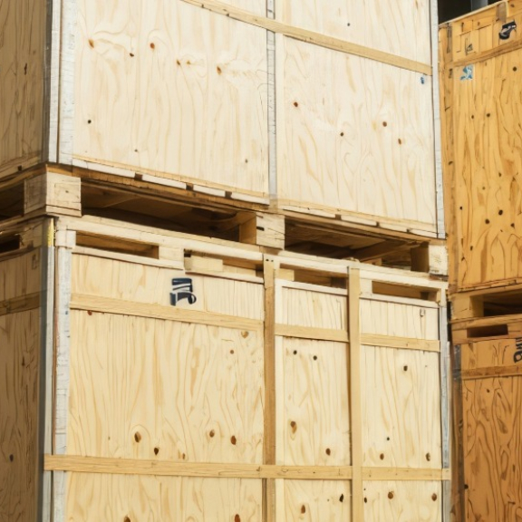 Gestapelte Liftvan-Holzkisten im Lager – stabile Transportkisten für internationalen Umzug