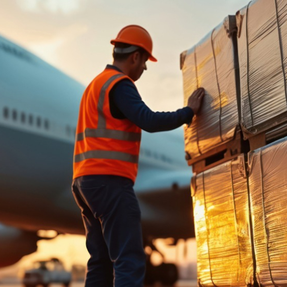 Mitarbeiter lädt palettierte Luftfracht am Rollfeld vor einem Flugzeug bei Sonnenuntergang.