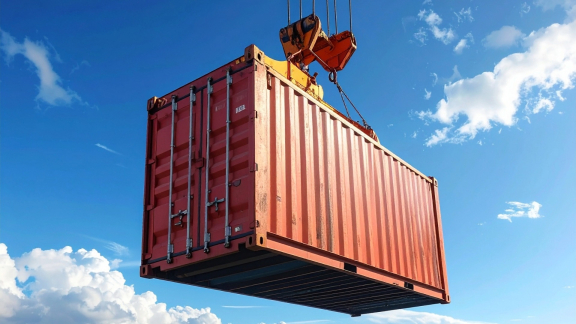 Roter Standard-Seecontainer wird von Hafenkran angehoben, blauer Himmel – TEU-Containerlogistik