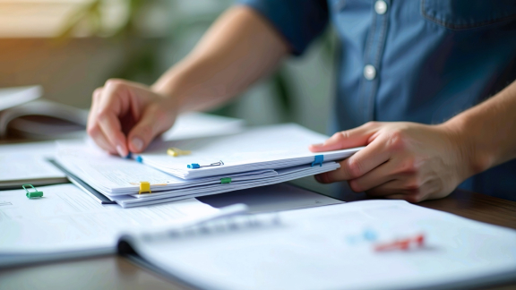 Hände prüfen Dokumentenstapel am Schreibtisch – TEU-Planung und Transportdokumente